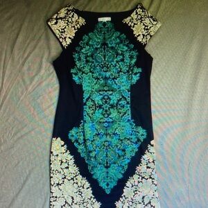 London Times Gothic Regency Teal Ivory‎ and Black Stretch Midi Dress, Size 14
